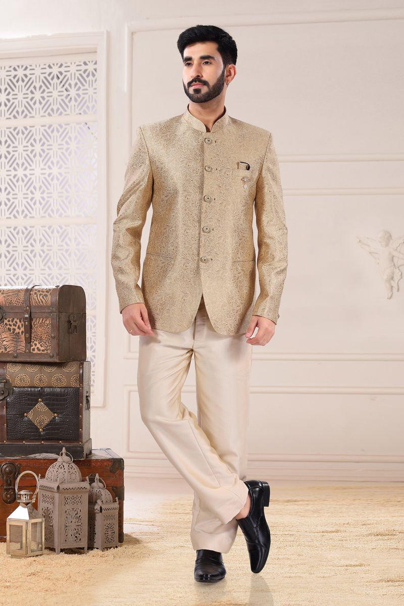 Jacquard Golden Color Wedding Wear Readymade Designer Men Jodhpuri Suit