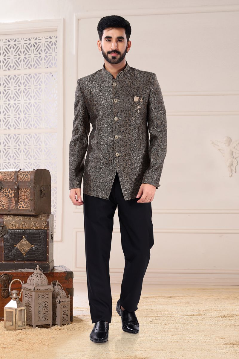 Grey Gorgeous Jacquard Wedding Wear Readymade Jodhpuri Suit For Men