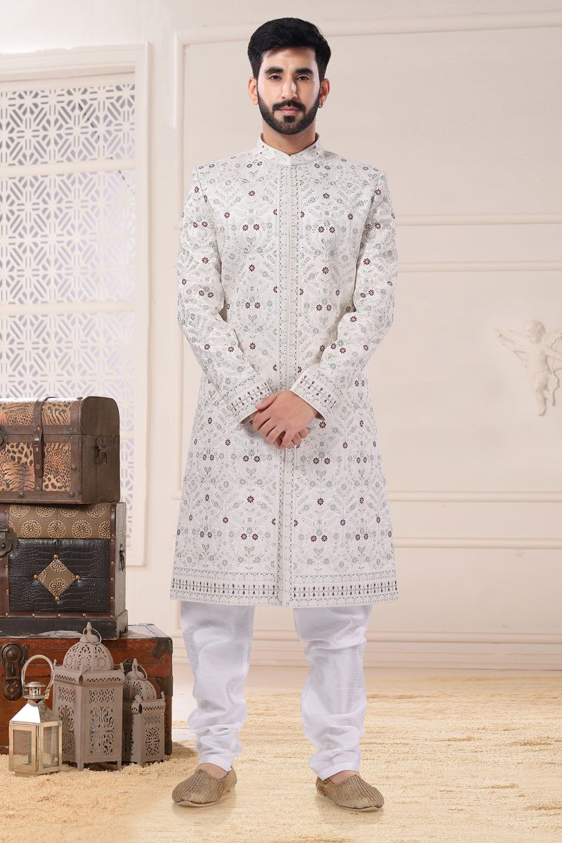 Silk Stunning White Color Wedding Wear Readymade Men Sherwani