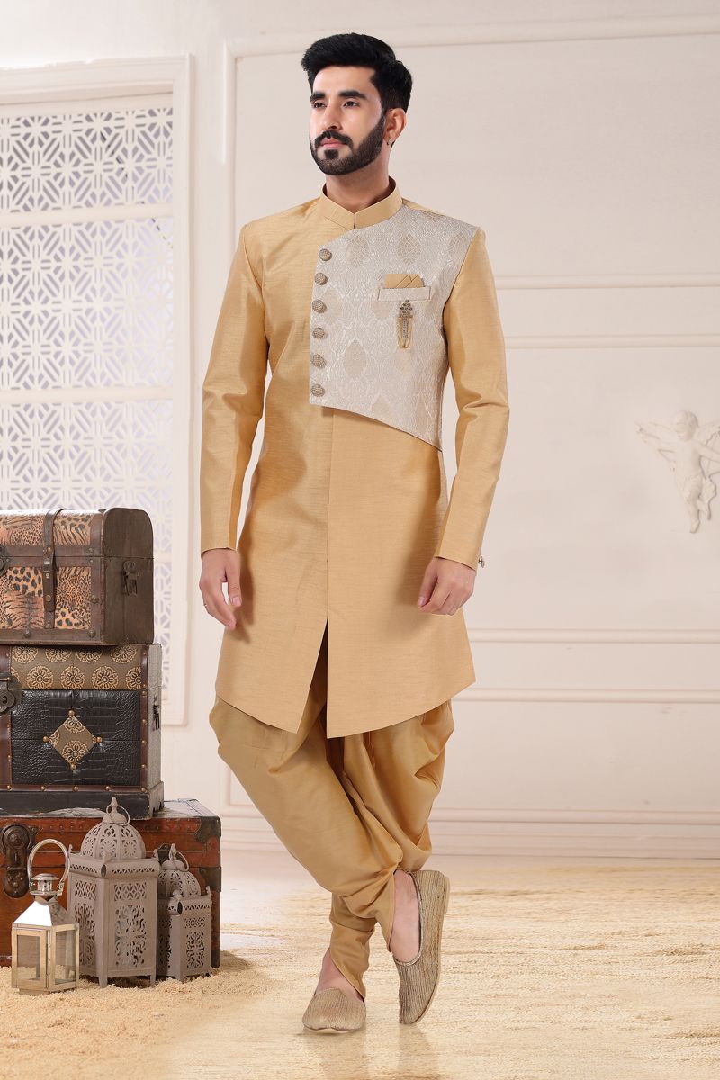 Silk Wedding Wear Readymade Men Indo Western In Golden Color