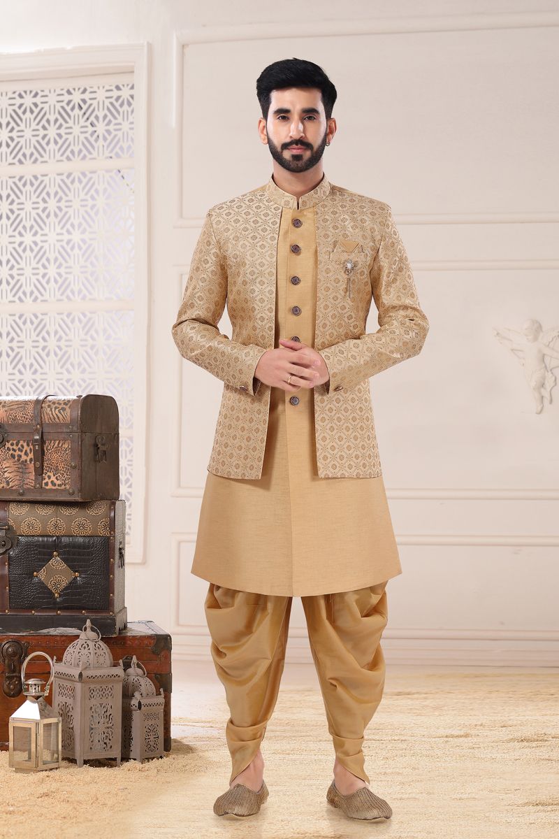 Golden Color Wedding Wear Readymade Indo Western For Men In Silk Fabric