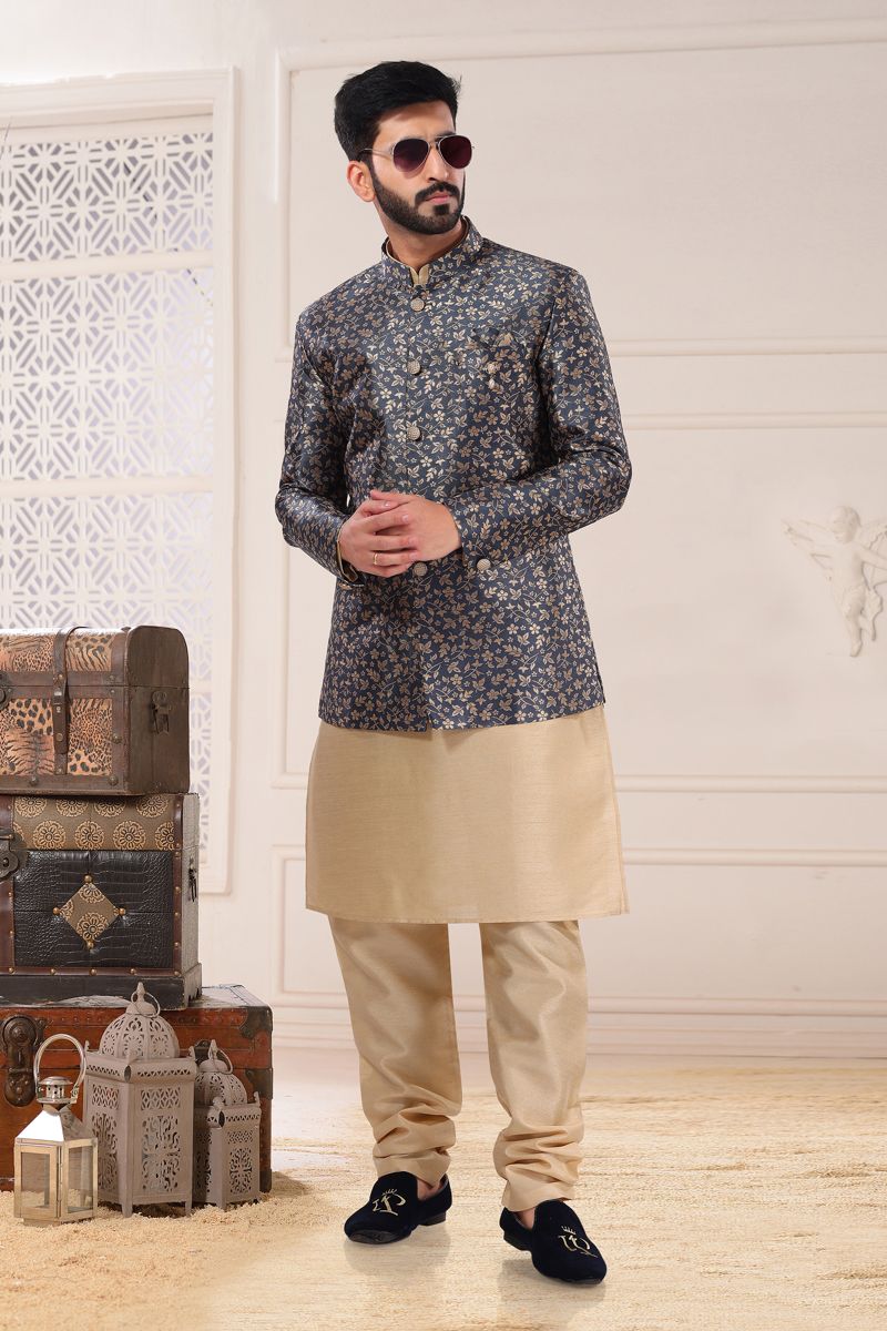 Jacquard Wedding Wear Attractive Readymade Men Indo Western In Grey Color