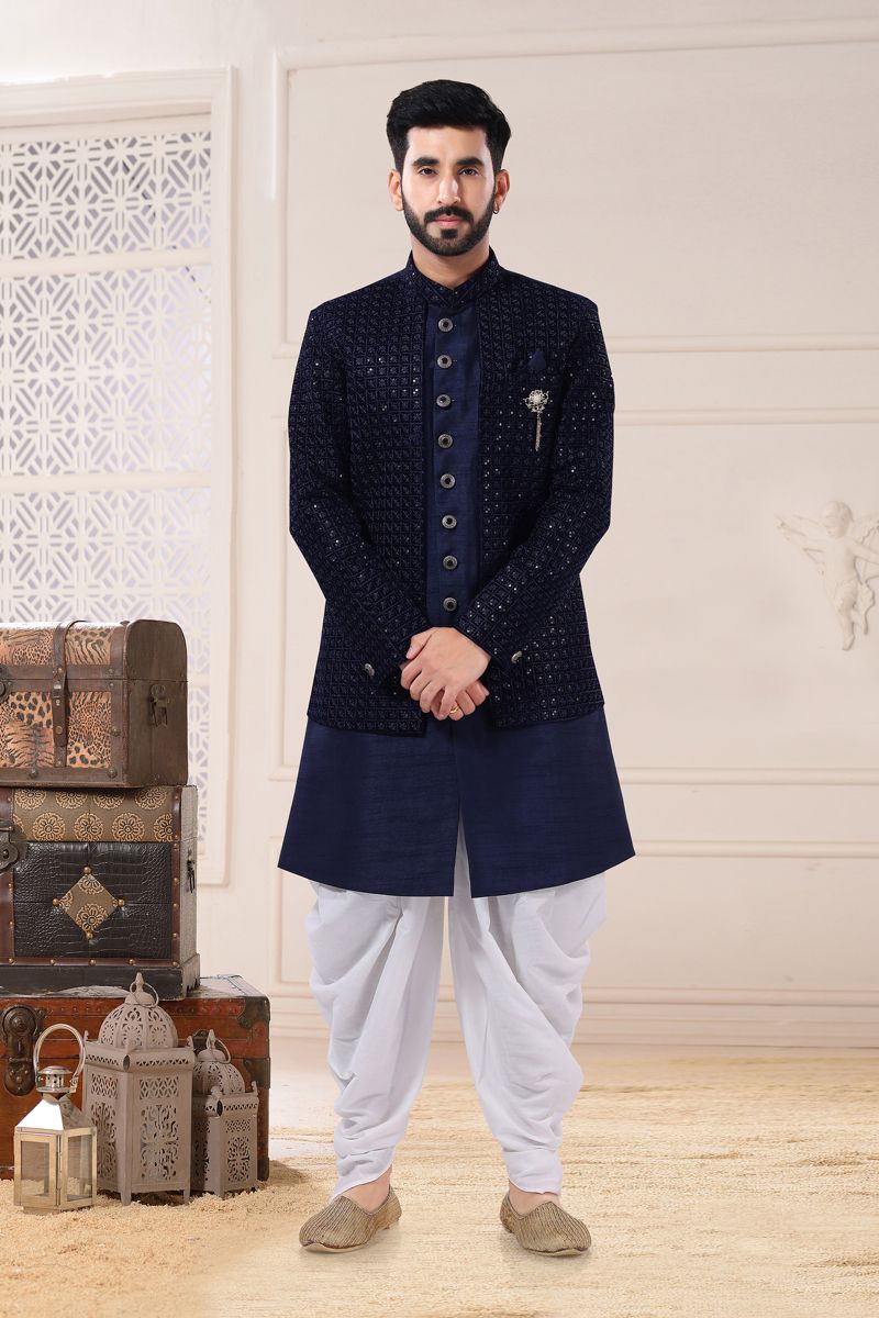 Blue Wedding Wear Readymade Glamorous Indo Western For Men In Silk Fabric