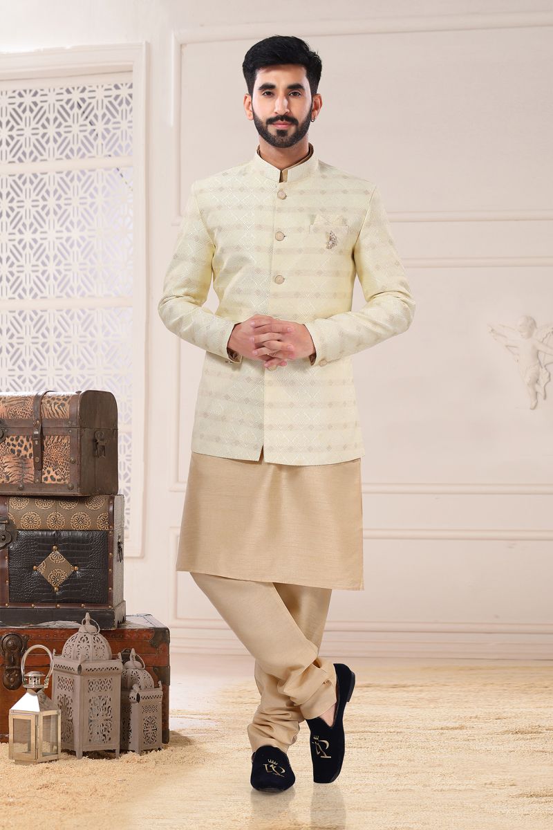 Cream Jacquard Graceful Readymade Men Indo Western For Wedding Wear