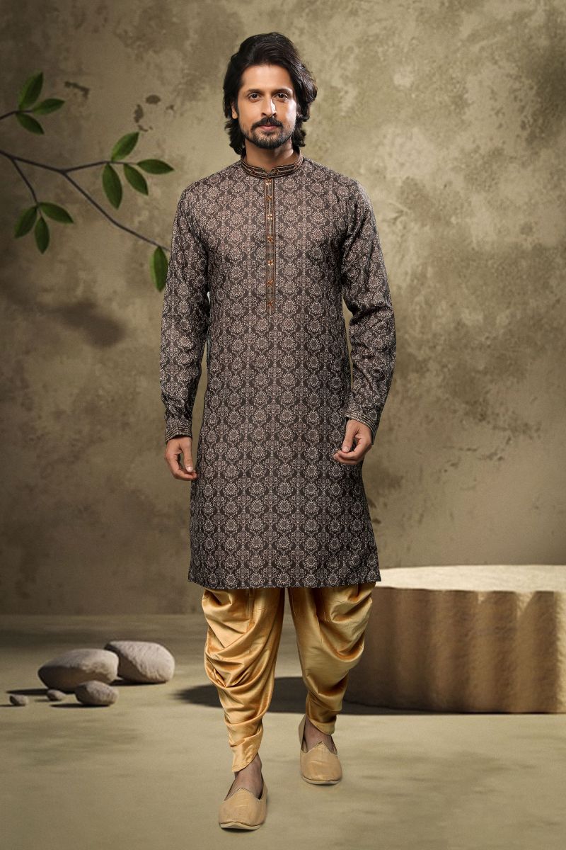 Cotton Brown Color Printed Festive Wear Trendy Readymade Men Kurta Pyjama