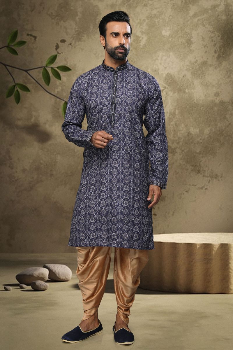 Blue Color Sangeet Wear Cotton Printed Designer Readymade Kurta Pyjama For Men