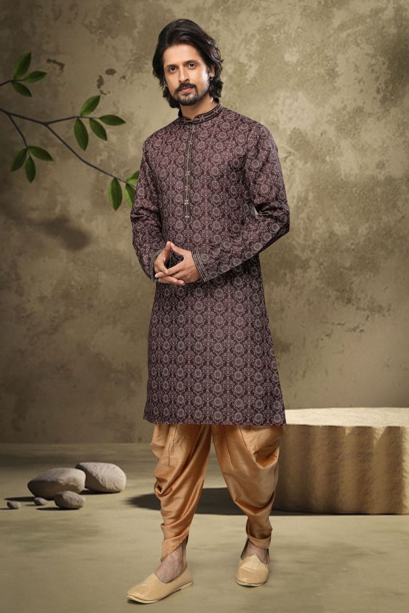 Brown Color Printed Engaging Cotton Festive Wear Readymade Kurta Pyjama For Men