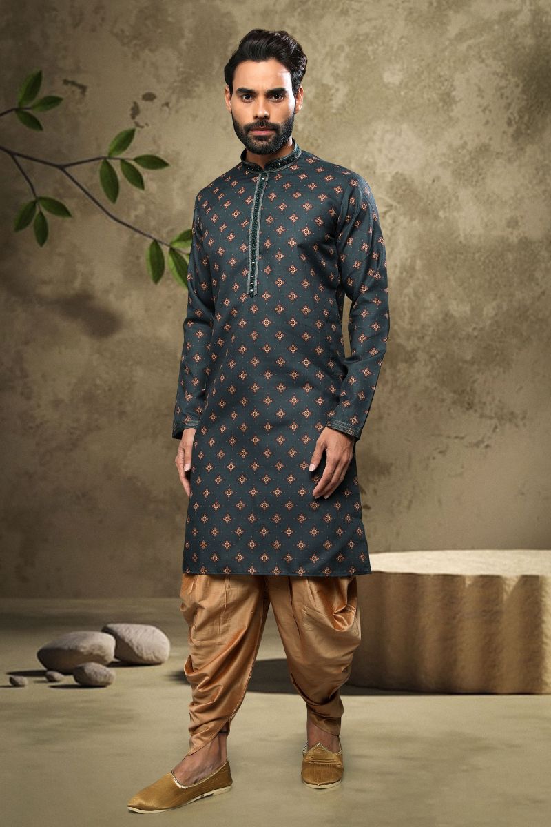 Dark Green Color Cotton Printed Festive Wear Captivating Readymade Kurta Pyjama For Men