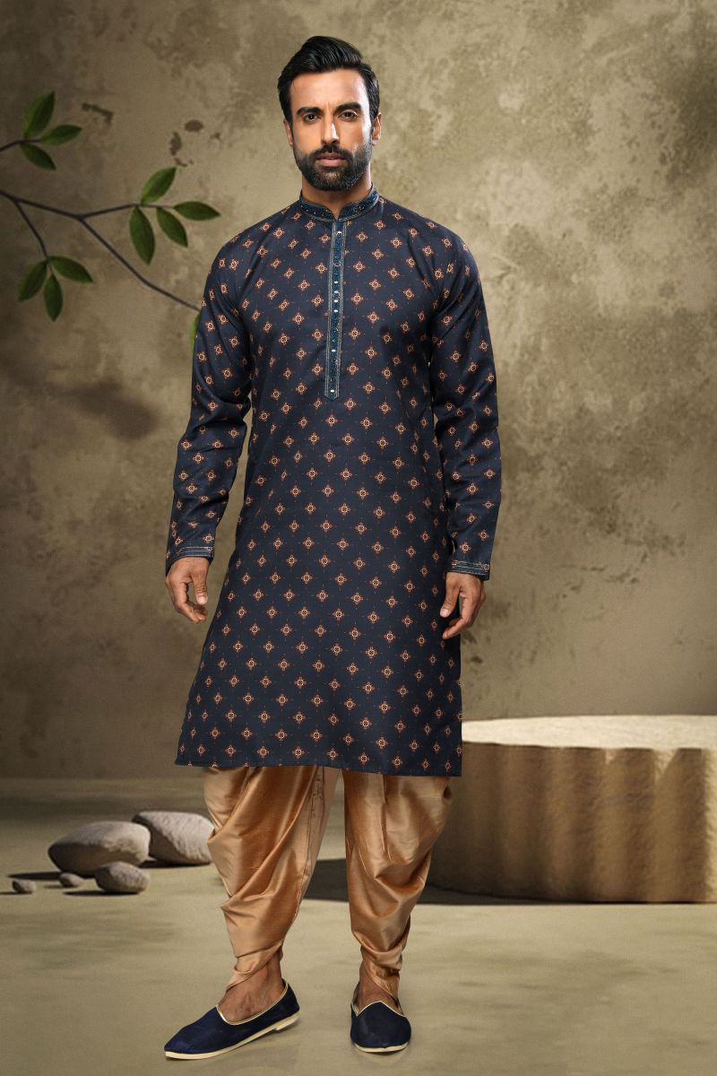 Navy Blue Cotton Sangeet Wear Printed Readymade Kurta Pyjama For Men