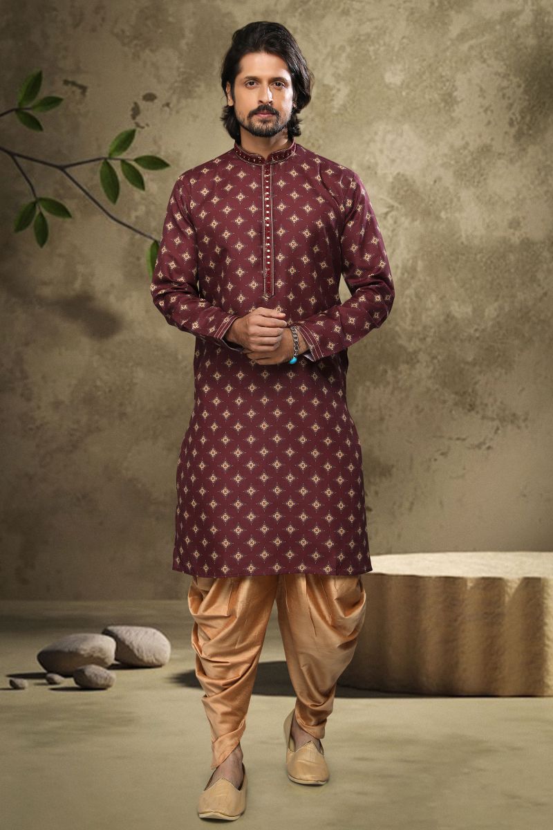 Printed Wine Color Gorgeous Cotton Wedding Wear Readymade Kurta Pyjama For Men