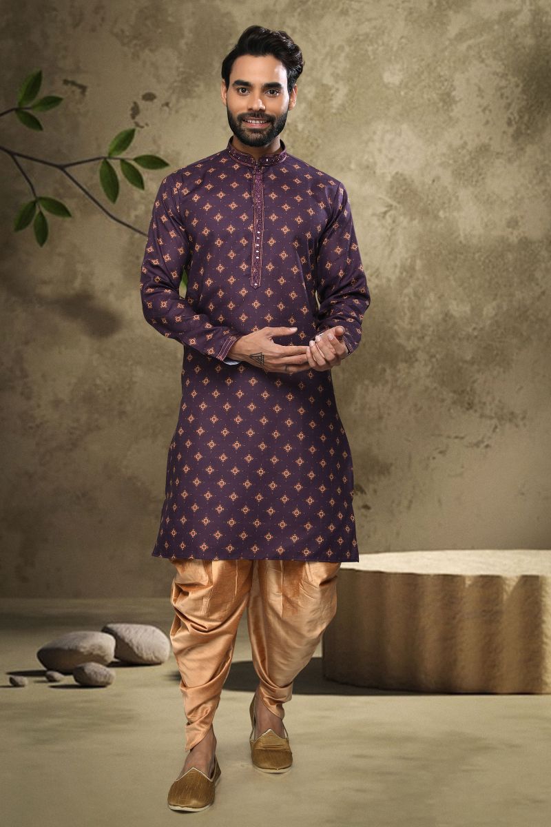 Purple Color Printed Cotton Reception Wear Striking Readymade Kurta Pyjama For Men