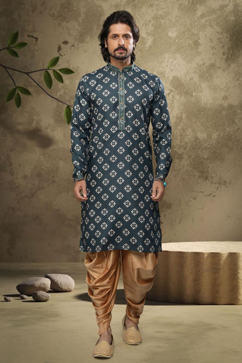 Dark Green Color Stunning Cotton Printed Function Wear Readymade Kurta Pyjama For Men