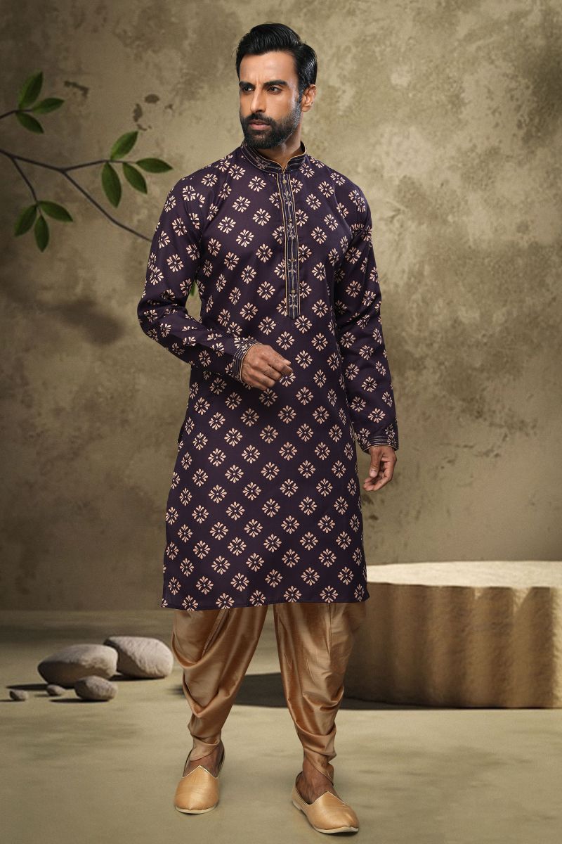 Cotton Lovely Purple Color Festive Wear Printed Readymade Kurta Pyjama For Men