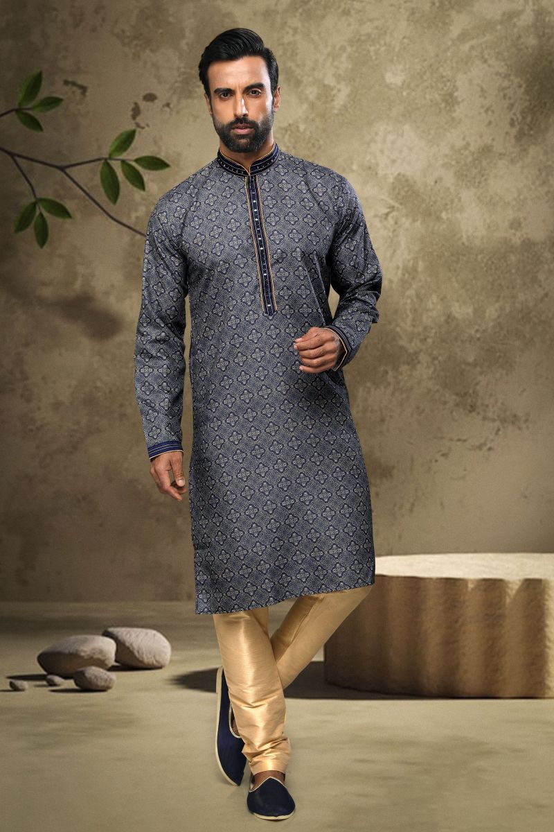 Printed Cotton Wedding Wear Readymade Kurta Pyjama For Men In Navy Blue Color