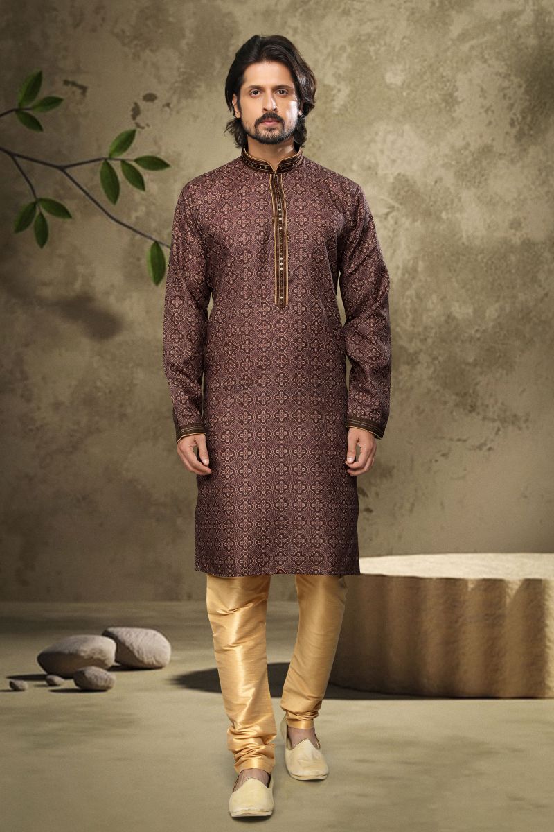 Reception Wear Attractive Printed Readymade Kurta Pyjama For Men In Brown Color Cotton Fabric