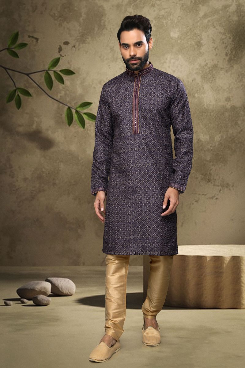 Printed Fancy Navy Blue Color Cotton Function Wear Readymade Kurta Pyjama For Men