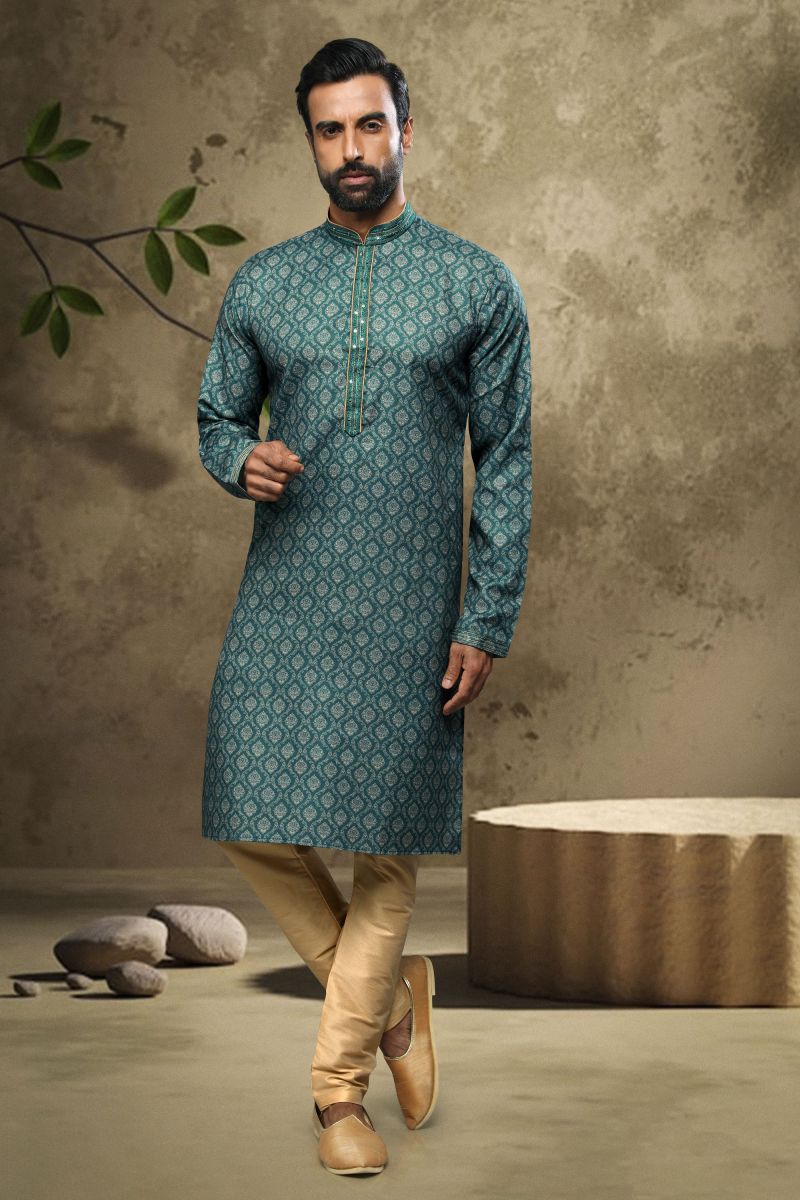 Cotton Printed Teal Color Festive Wear Readymade Men Stylish Kurta Pyjama