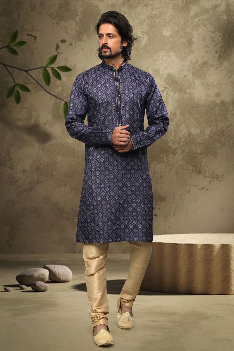 Navy Blue Cotton Printed Sangeet Wear Trendy Readymade Kurta Pyjama For Men