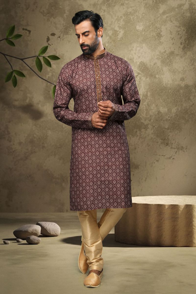 Cotton Brown Color Wedding Wear Printed Readymade Designer Men Kurta Pyjama