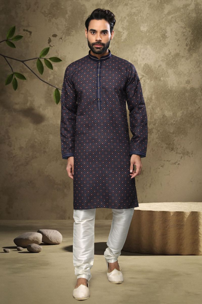 Mehendi Green Color Printed Gorgeous Cotton Reception Wear Readymade Kurta Pyjama For Men