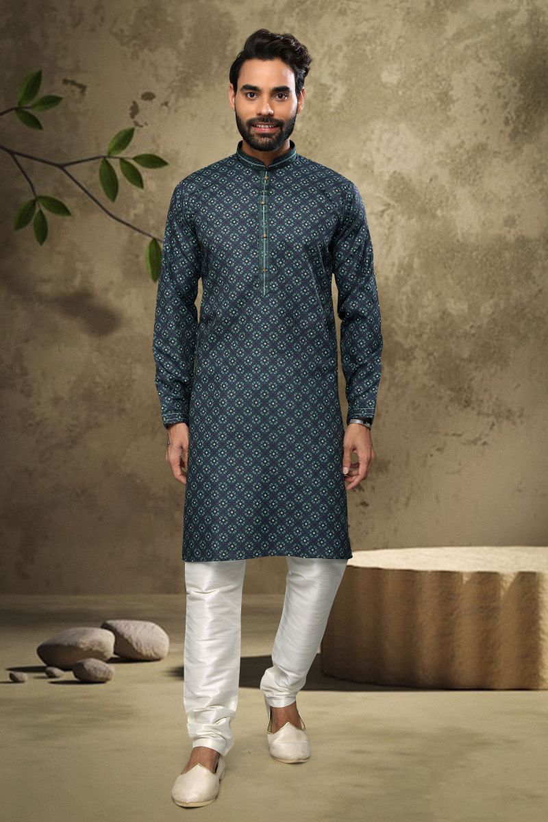 Cotton Stunning Printed Green Color Function Wear Readymade Men Kurta Pyjama