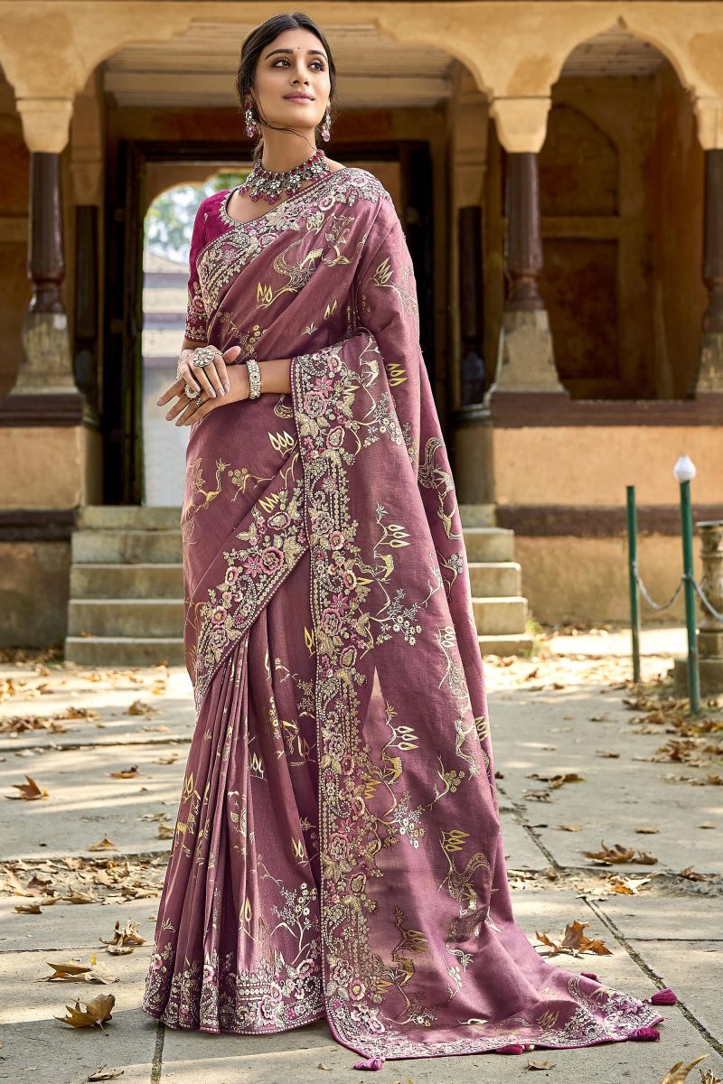 Classic Wine Silk Saree With Heavy Embroidered Blouse