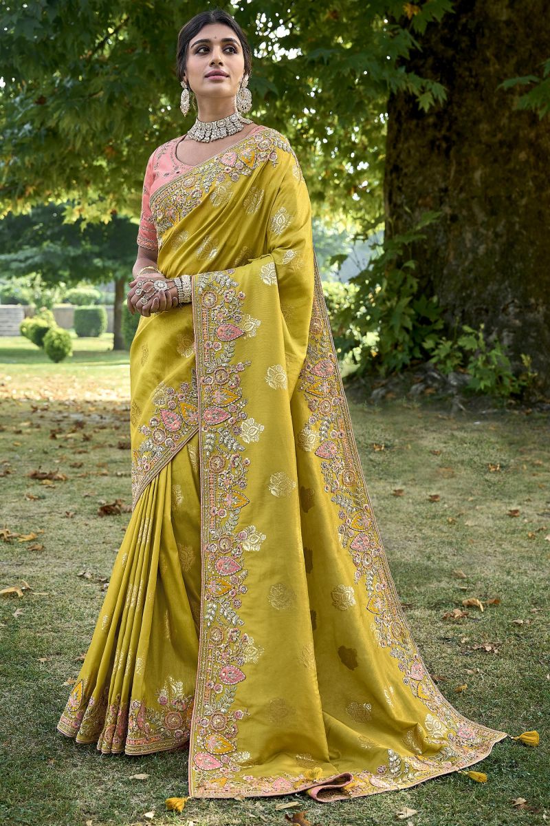 Superb Mustard Silk Saree With Heavy Embroidered Blouse