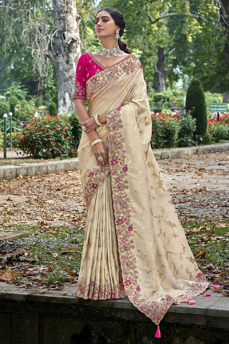 Blazing Beige Silk Saree With Heavy Embroidered Blouse