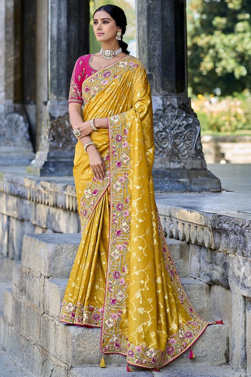 Alluring Yellow Silk Saree With Heavy Embroidered Blouse