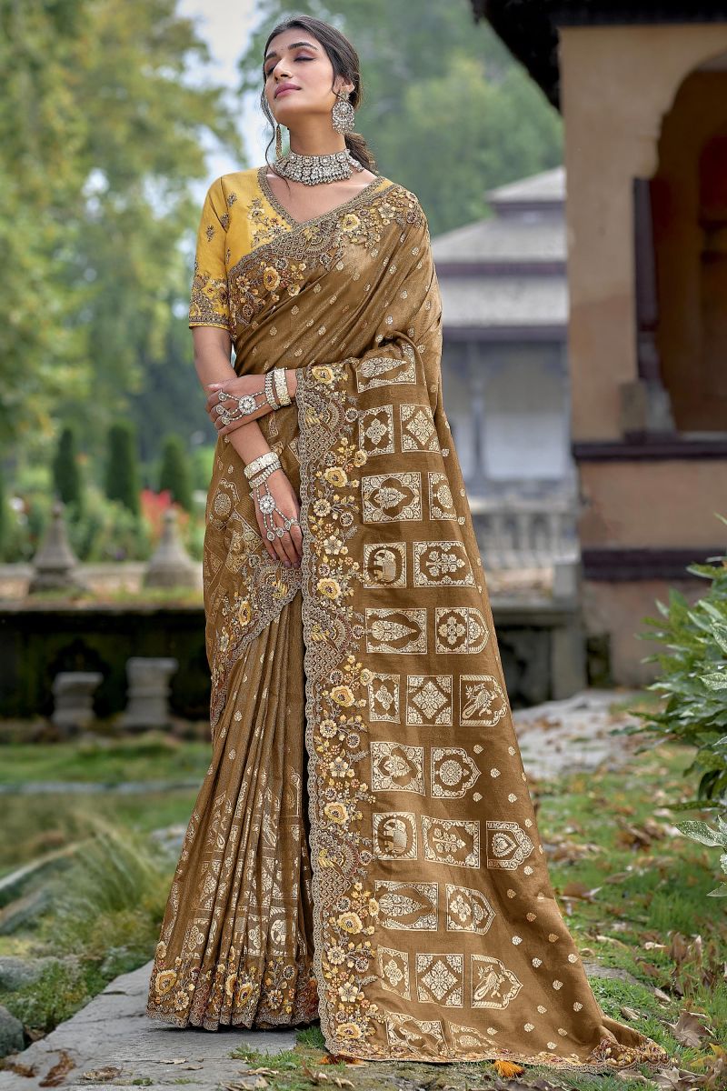 Winsome Brown Silk Saree With Heavy Embroidered Blouse