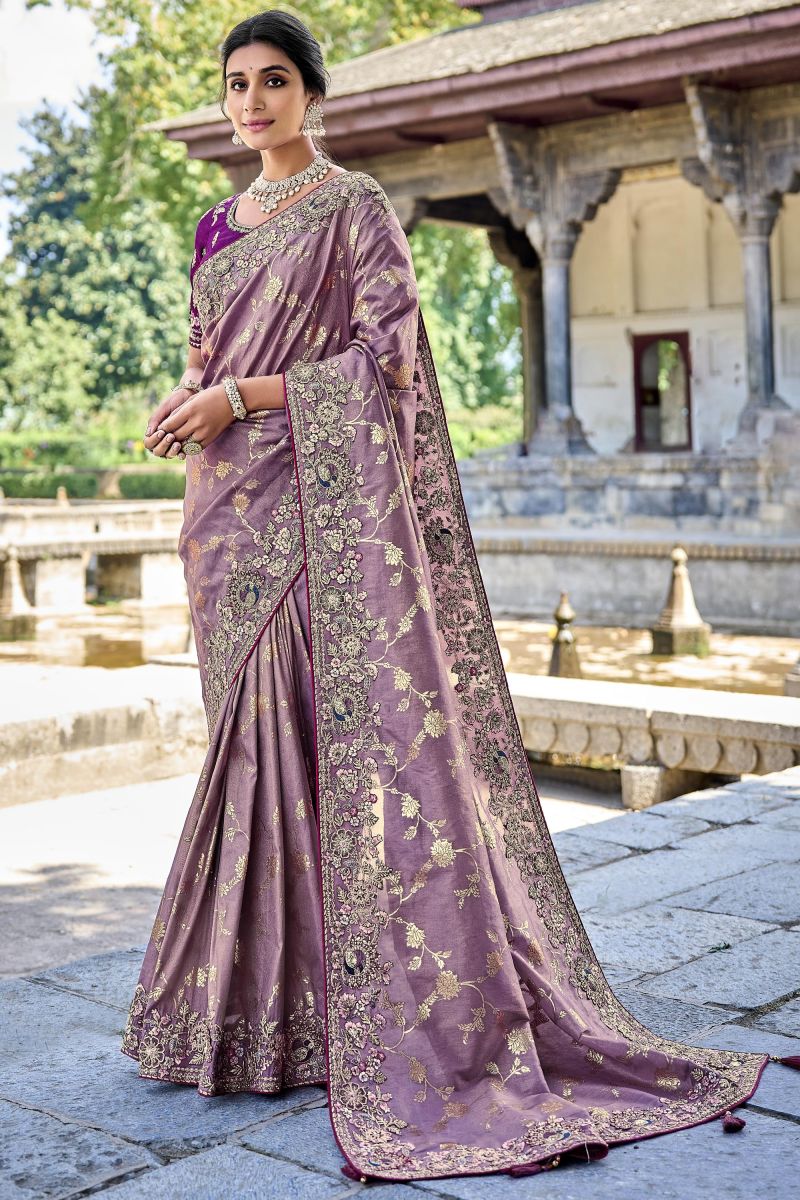 Excellent Silk Purple Saree With Heavy Embroidered Blouse