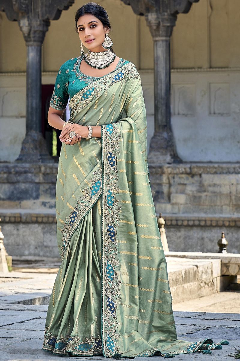 Imperial Sea Green Silk Saree With Heavy Embroidered Blouse