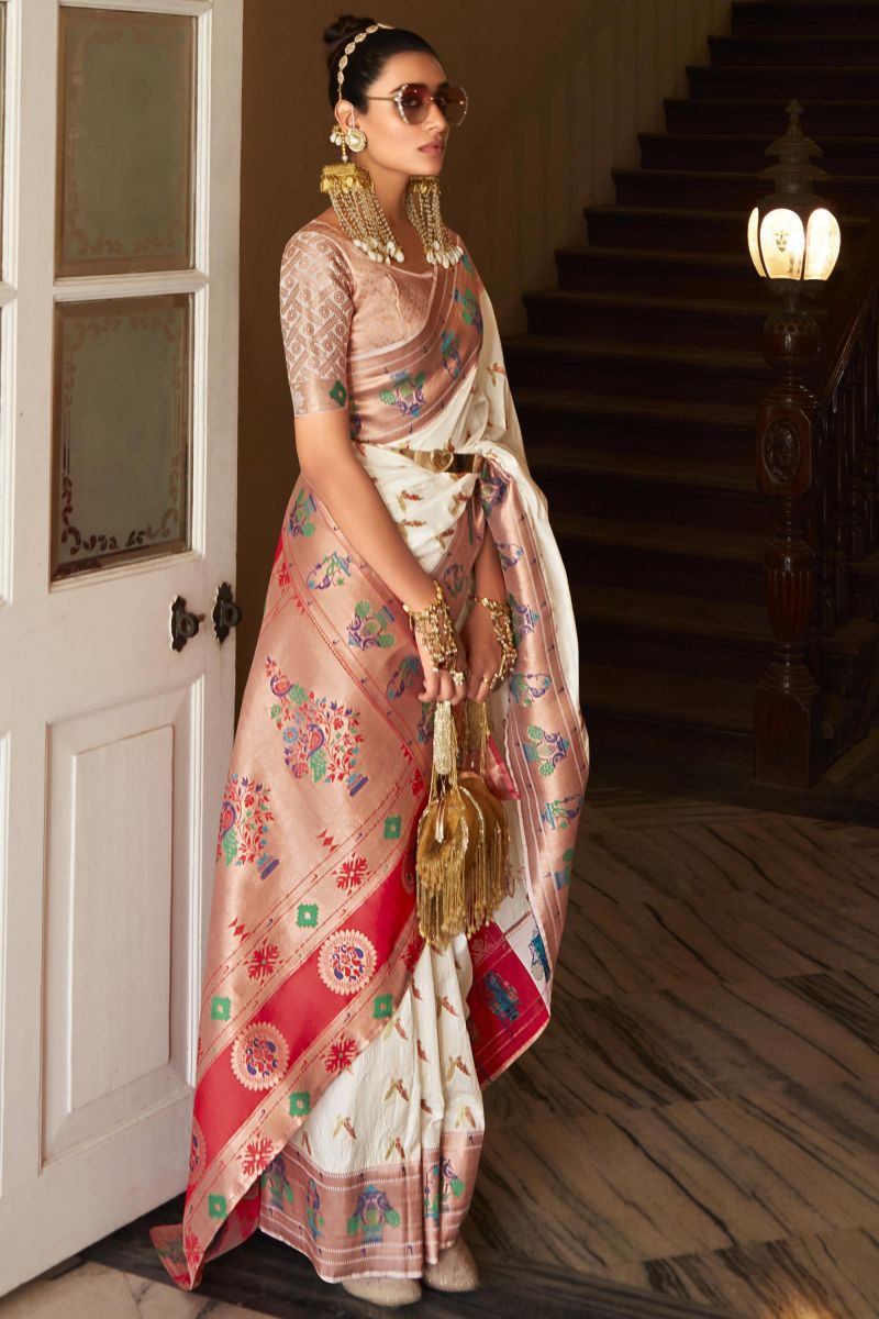 Marvelous Art Silk Weaving Work Off White Saree