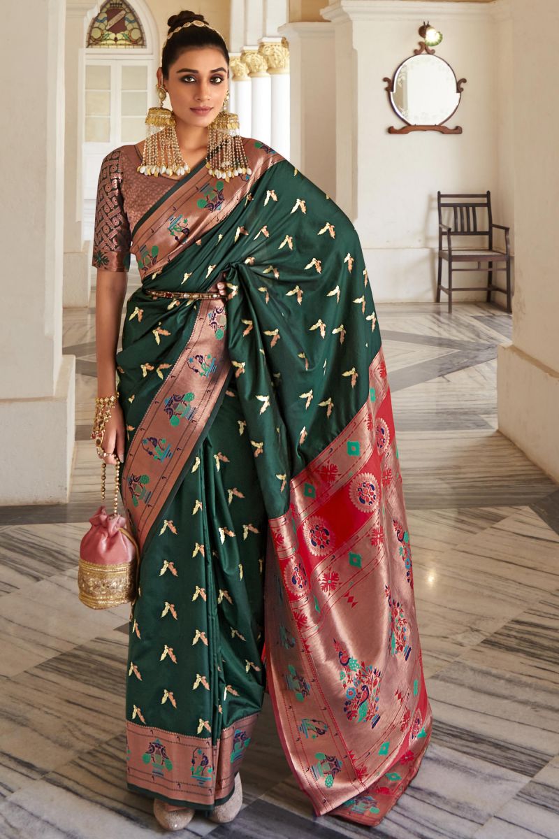 Beguiling Dark Green Art Silk Weaving Work Saree