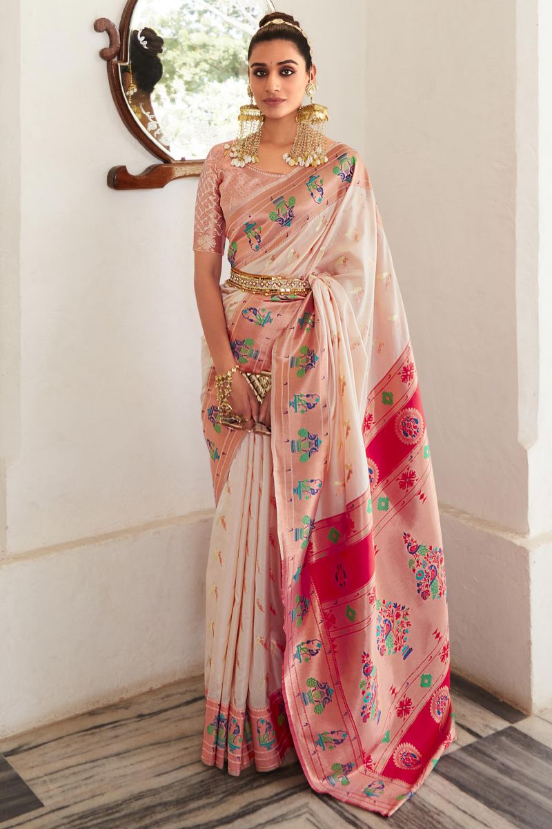 Incredible Art Silk Beige Weaving Work Saree