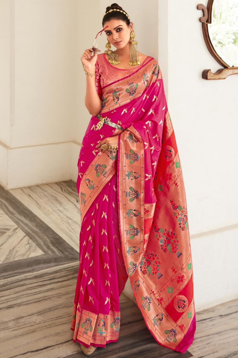 Tempting Art Silk Magenta Weaving Work Saree