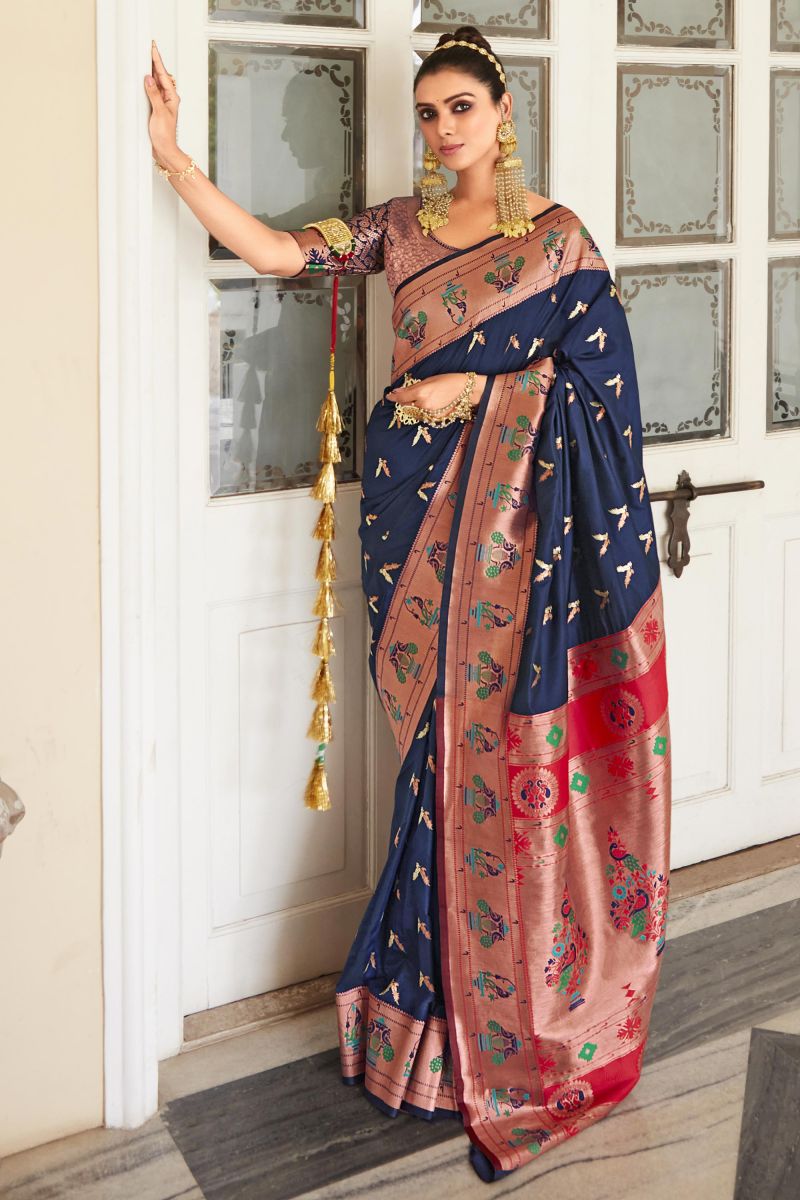 Classic Navy Blue Weaving Work Art Silk Saree