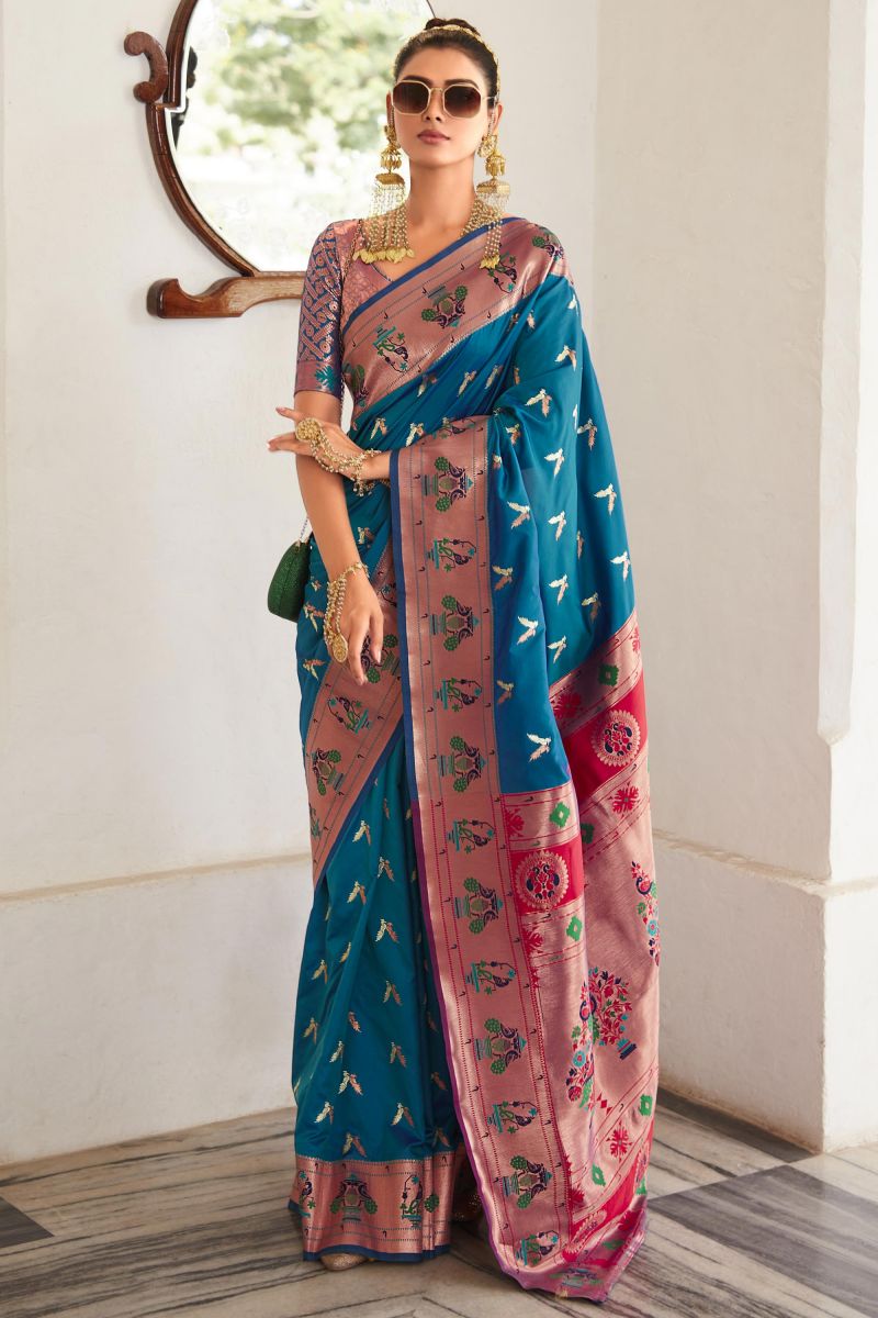 Delicate Teal Weaving Work Art Silk Saree