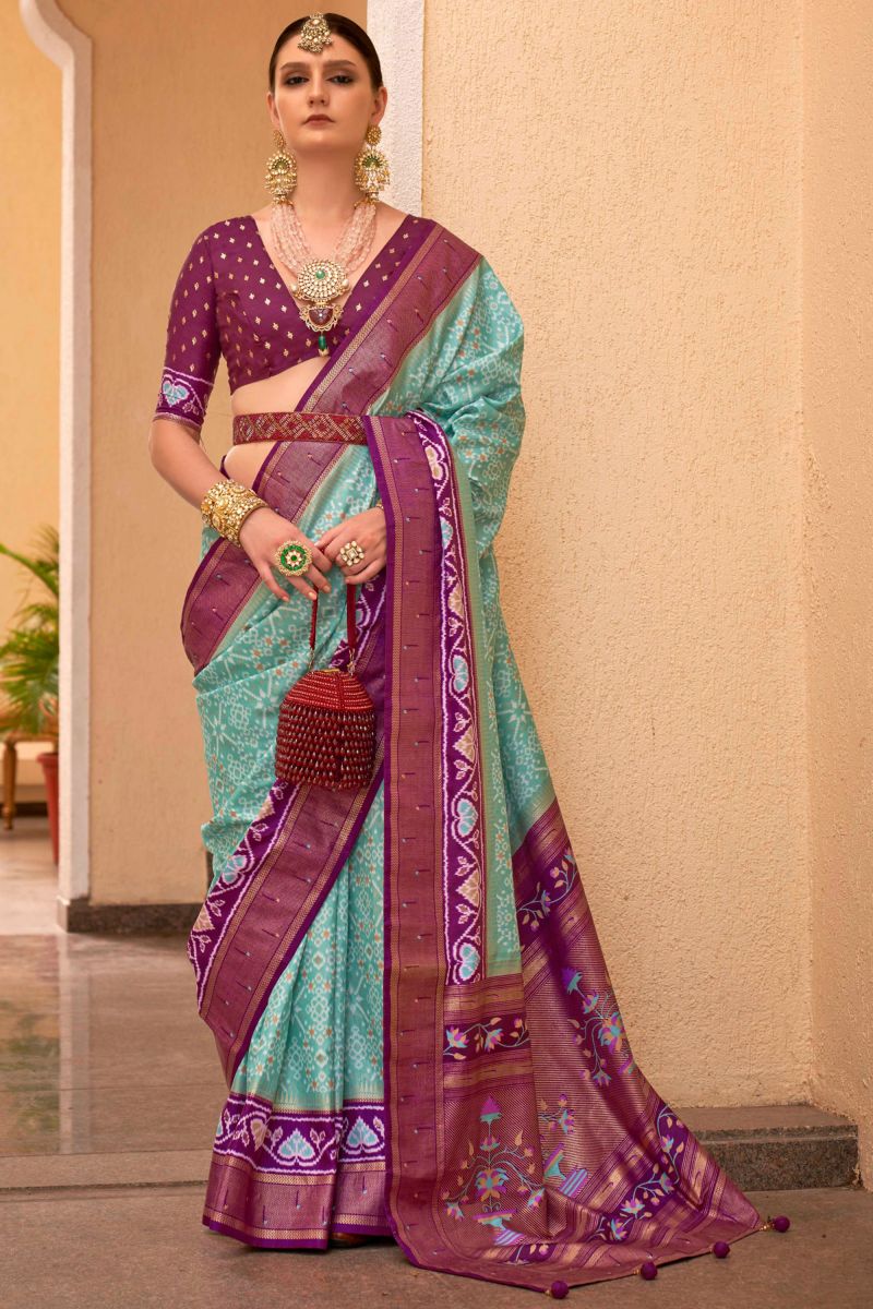 Sea Green Patola Silk Festive Wear Printed Saree