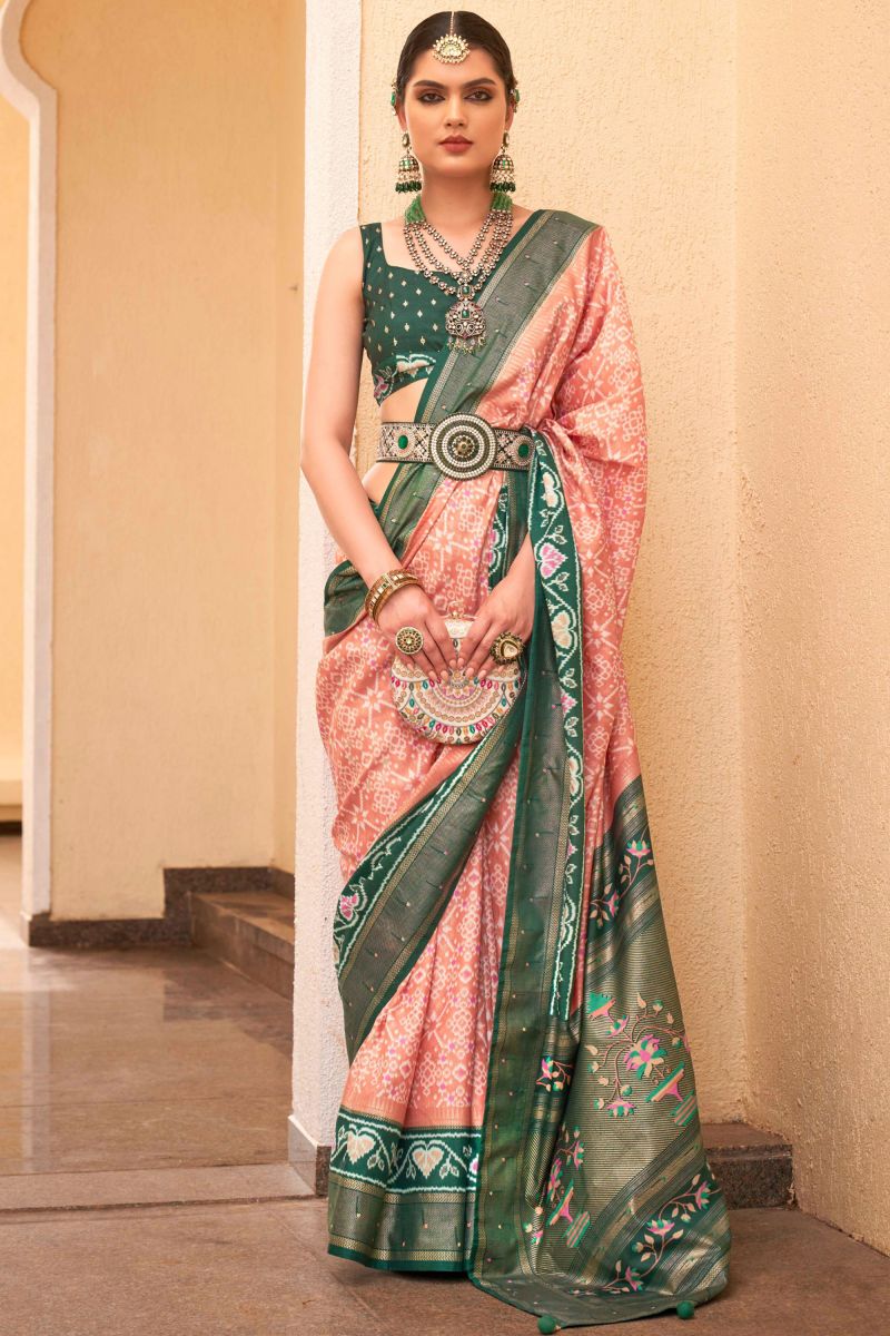 Patola Silk Printed Saree In Peach Color