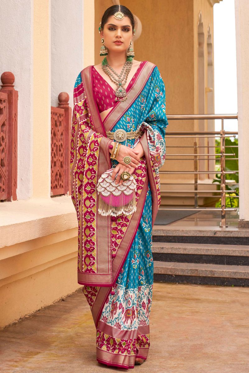 Cyan Exclusive Printed Patola Silk Sarees