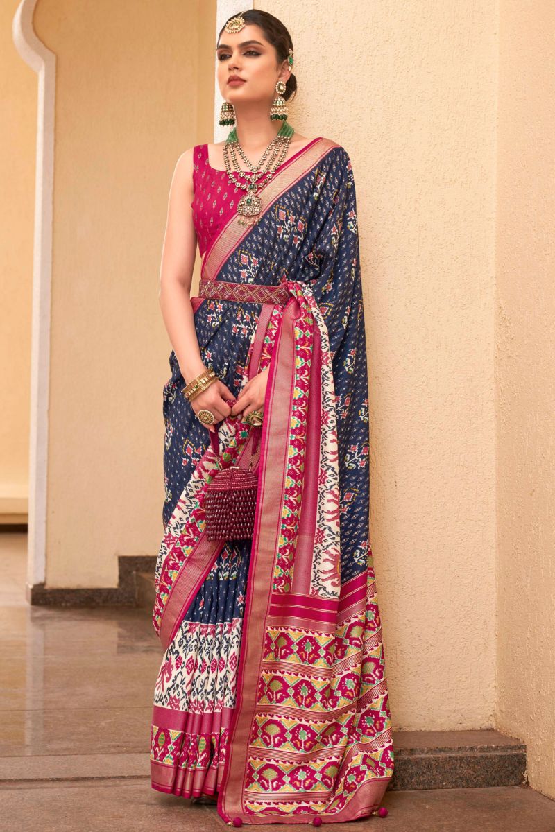 Navy Blue Color Printed Function Wear Patola Silk Saree