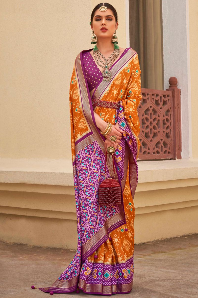 Orange Printed Patola Silk Function Wear Saree