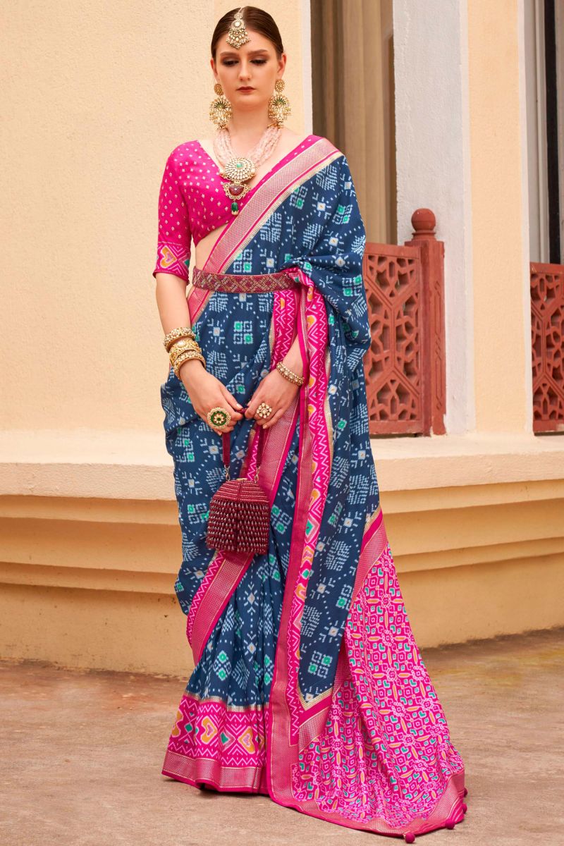 Traditional Patola Silk Printed Blue Saree