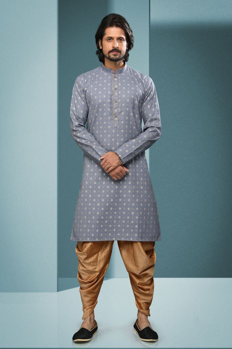 Grey Color Cotton Printed Festive Wear Captivating Readymade Kurta Pyjama For Men