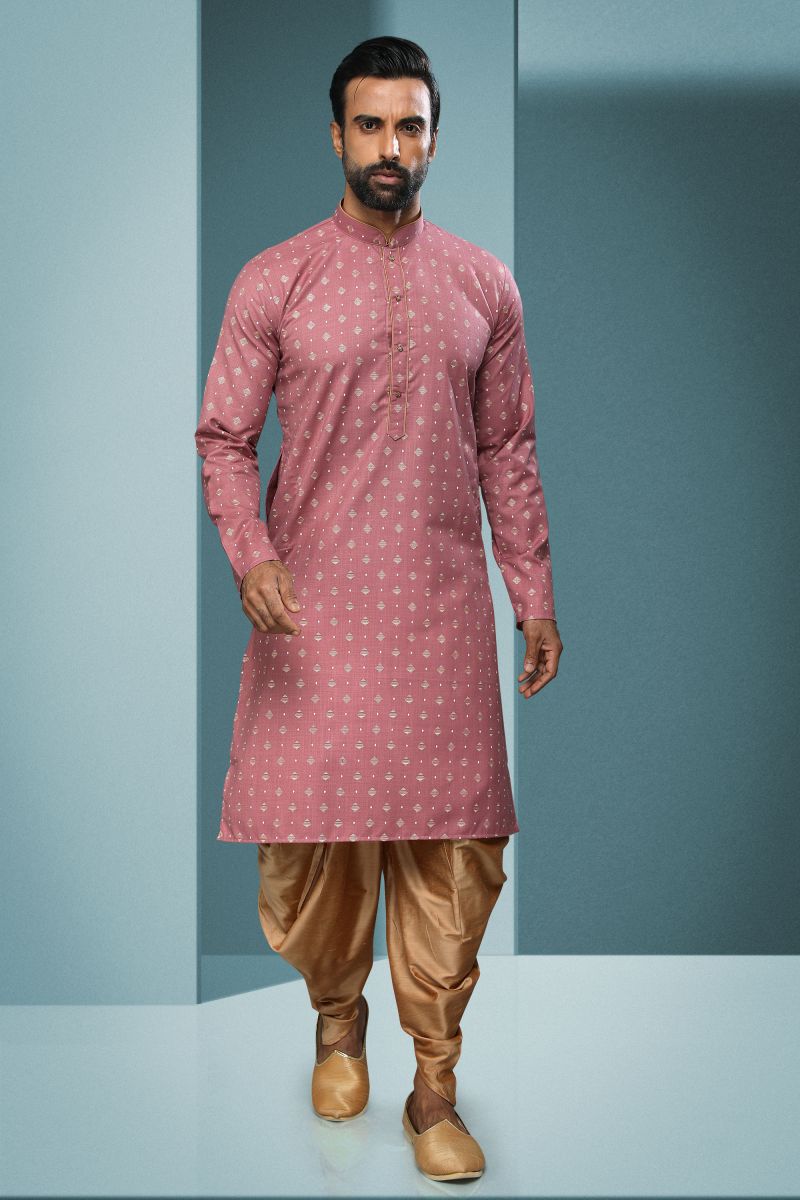 Pink Cotton Sangeet Wear Printed Readymade Fashionable Kurta Pyjama For Men