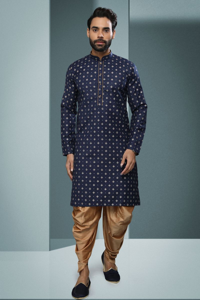 Printed Navy Blue Color Gorgeous Cotton Wedding Wear Readymade Kurta Pyjama For Men