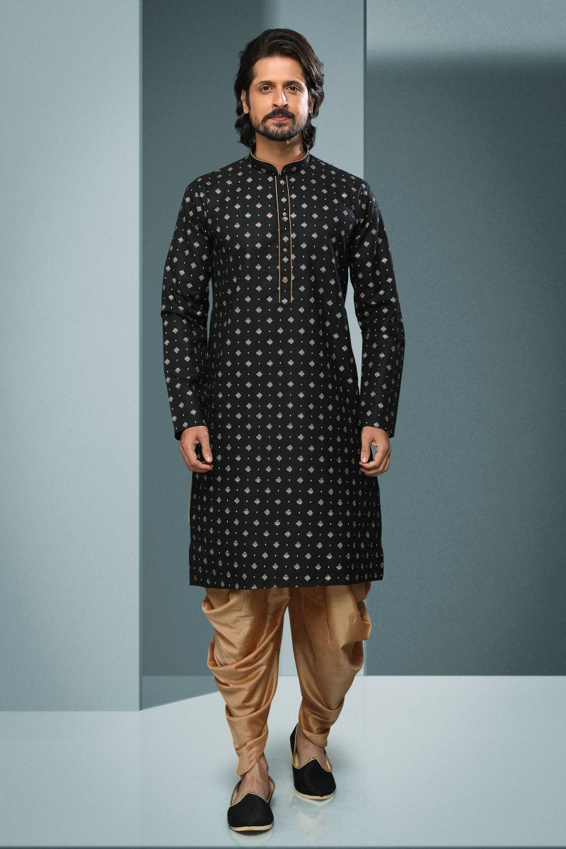 Black Color Printed Cotton Reception Wear Striking Readymade Kurta Pyjama For Men