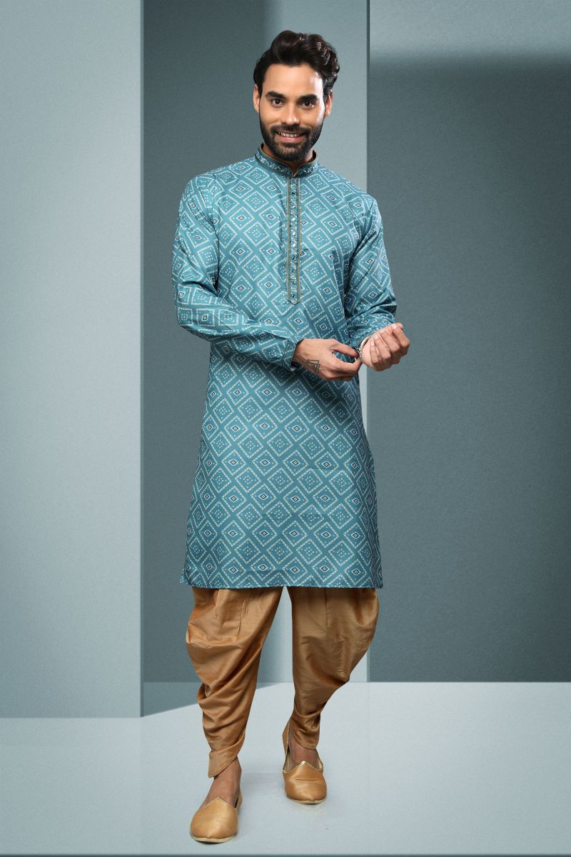 Cyan Color Printed Stunning Cotton Function Wear Readymade Kurta Pyjama For Men