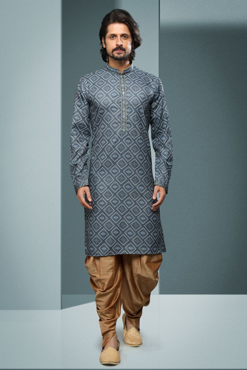 Cotton Lovely Grey Color Festive Wear Printed Readymade Kurta Pyjama For Men